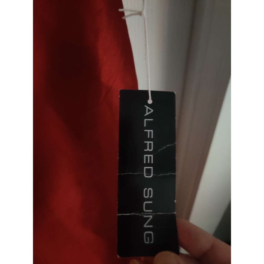 Alfred Sung Red Dupioni V-Neck Sleeveless A-Line Evening Gown Formal Dress - Picture 6 of 7